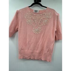 Cervelle Pink Beaded Sweater Top Size M Embellished Short Sleeve Coquette Girly
